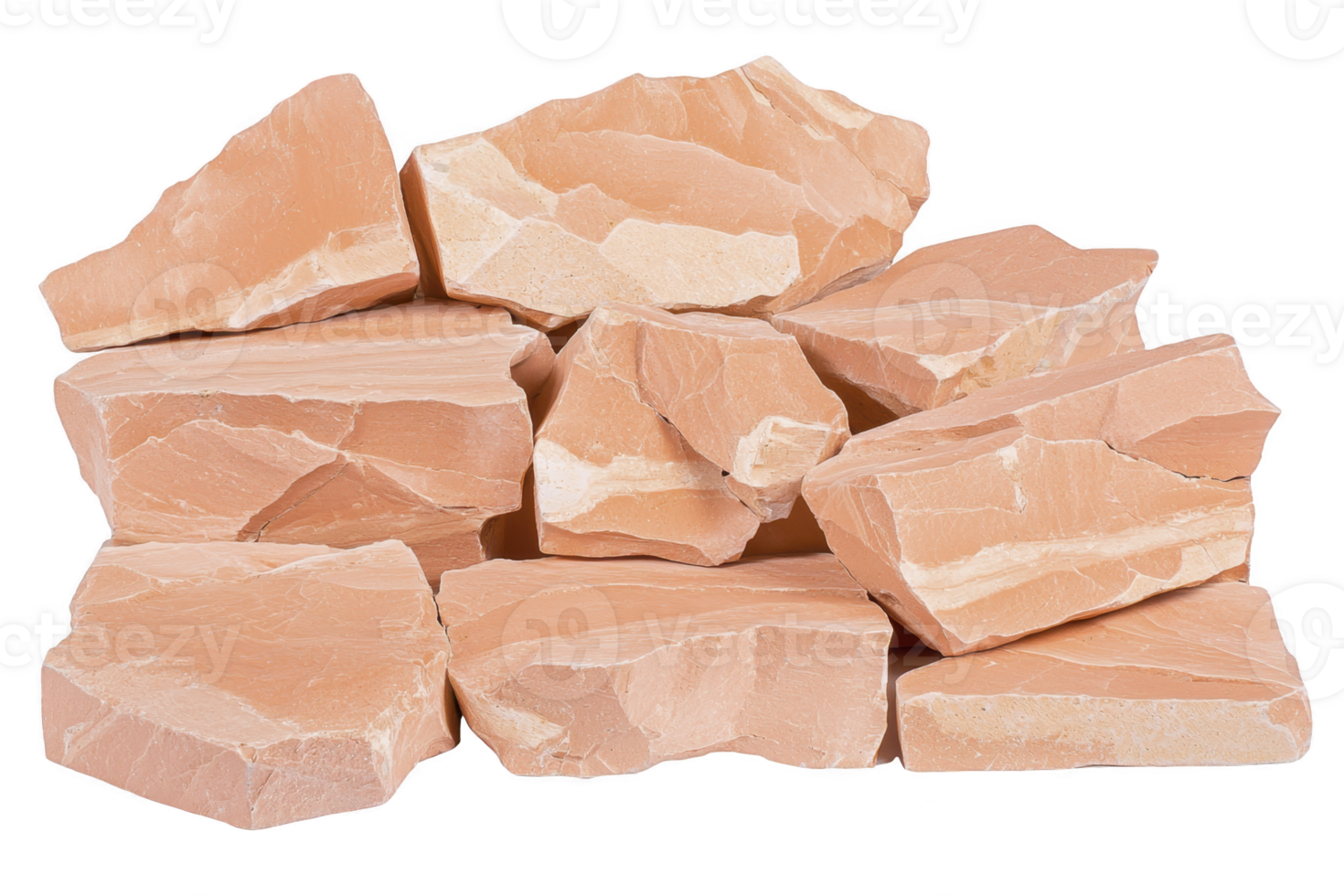 A stack of natural, rough, orange sandstone slabs with white veins, showcasing their textured surface and irregular shapes, ideal for landscaping or construction projects png