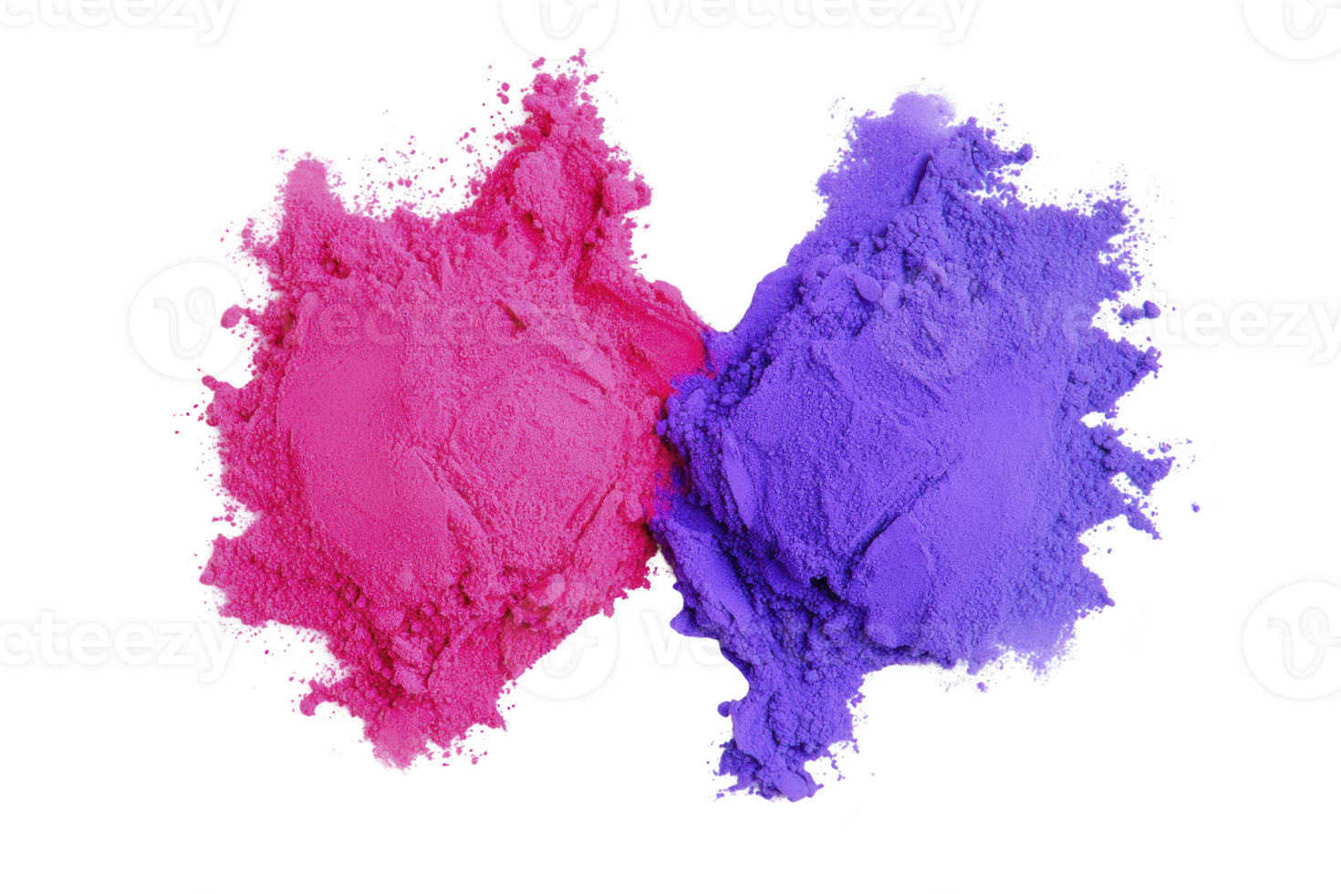 A Two vibrant piles of colored powder, one pink and one purple, are scattered against transparency background, creating dynamic and energetic visual effect png