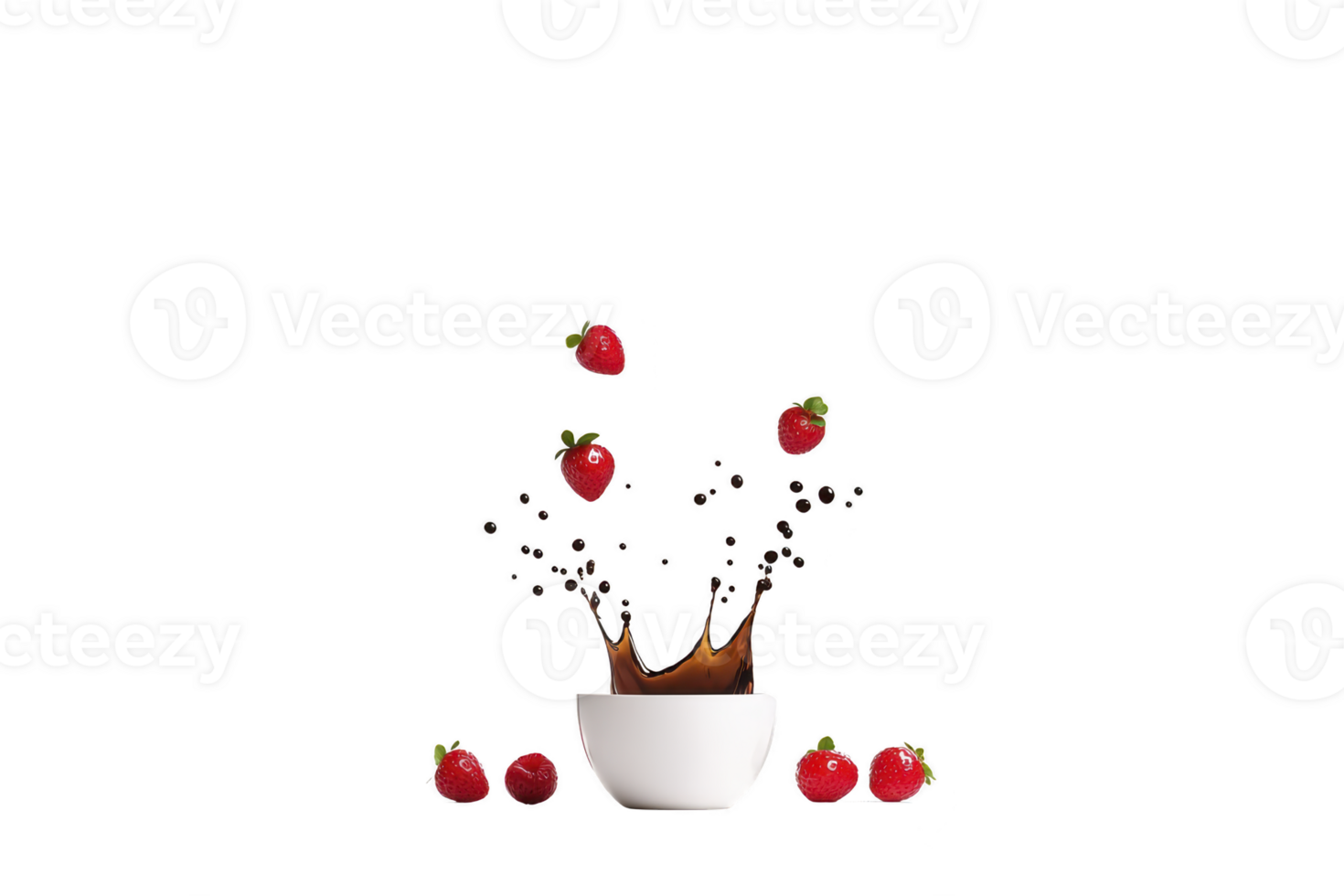 A white bowl with splash of liquid and strawberries creates dynamic scene. strawberries appear to be in motion, adding sense of freshness and energy to composition png
