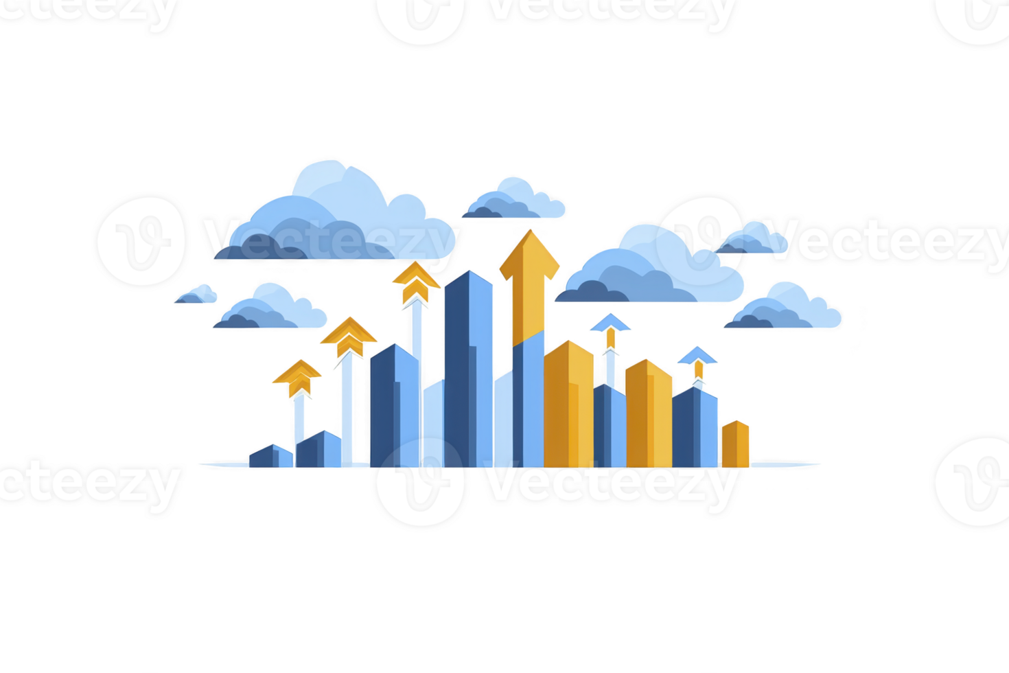 A digital illustration of bar graph with upward arrows and clouds symbolizes growth and success in business or finance. vibrant colors and dynamic design convey optimism png