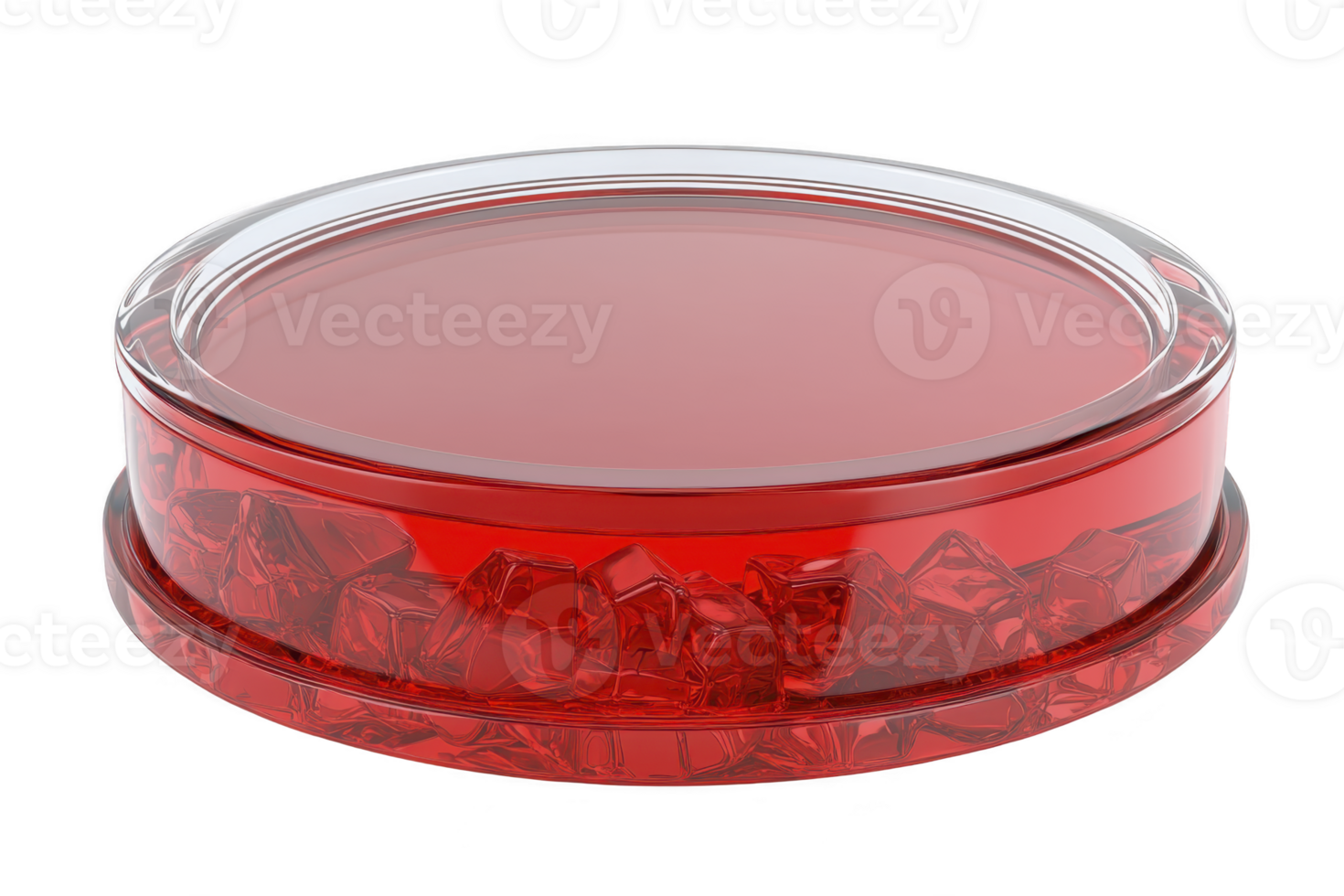 A transparent petri dish filled with vibrant red liquid and ice cubes creates striking visual contrast. smooth surface of dish enhances vivid color png