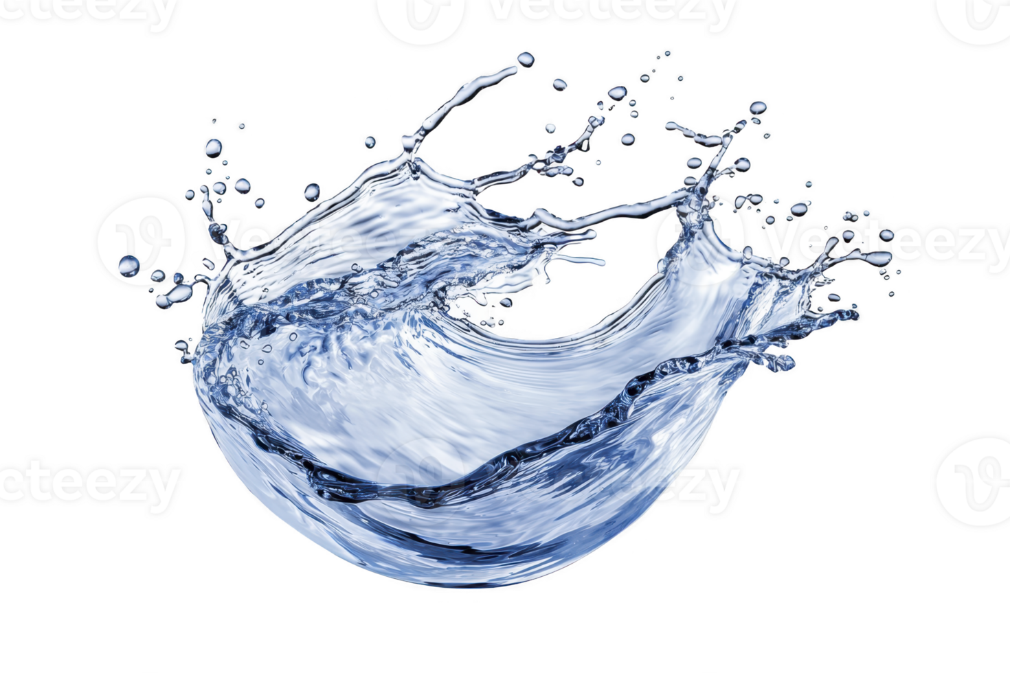 A dynamic splash of clear water captured mid air, showcasing fluid motion and energy. transparent liquid forms intricate shapes and droplets against transparency background png