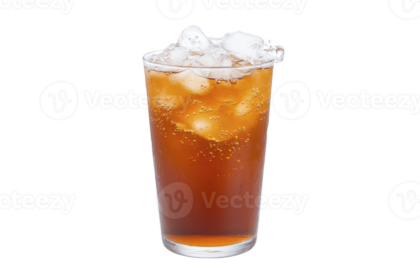 A refreshing glass of iced tea filled with ice cubes, showcasing bubbly and chilled appearance, perfect for hot day. amber color and effervescence add to its appeal png