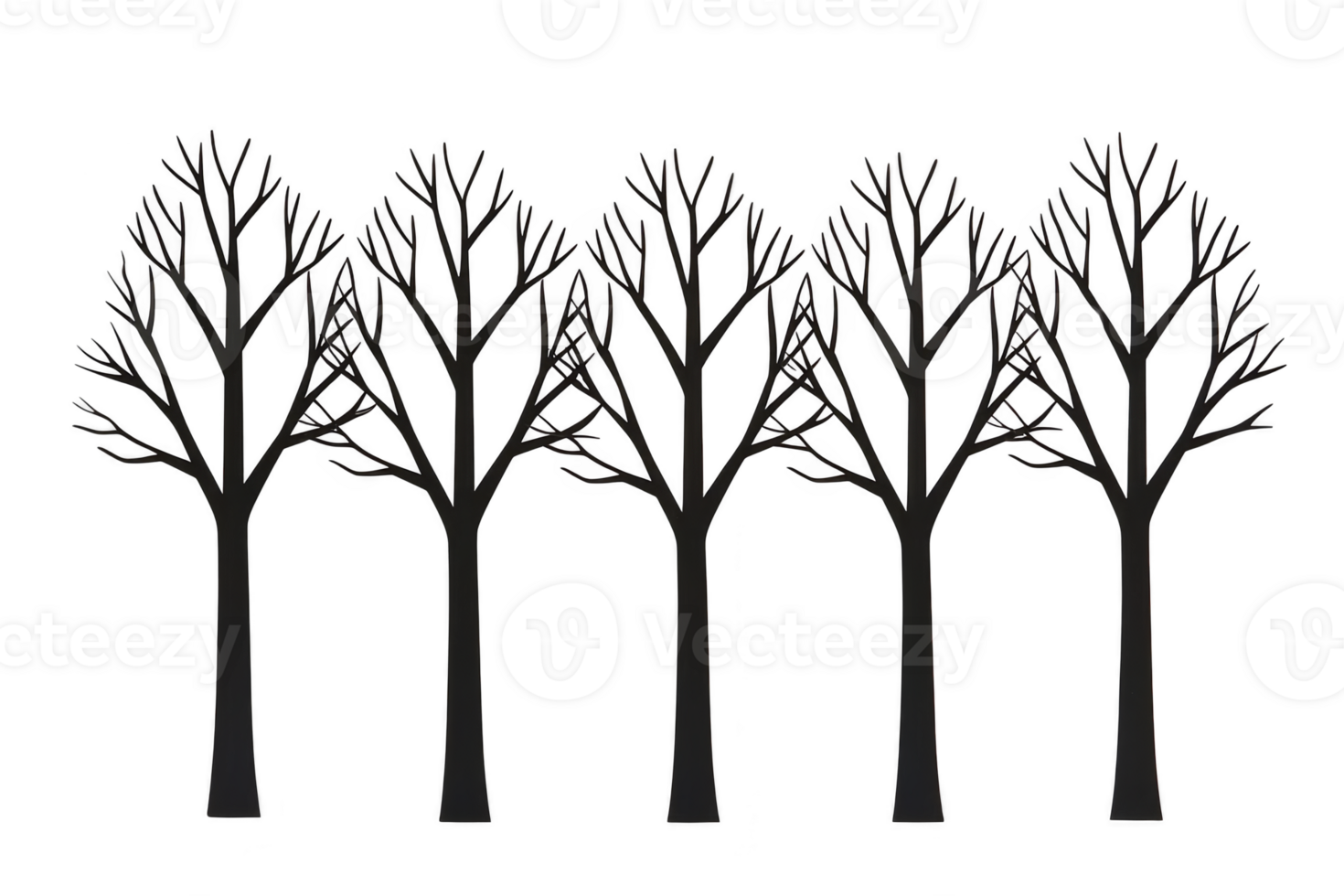 A Silhouette of five leafless trees with intricate branches, creating symmetrical and artistic pattern. design is simple yet elegant, evoking sense of calm and nature beauty png