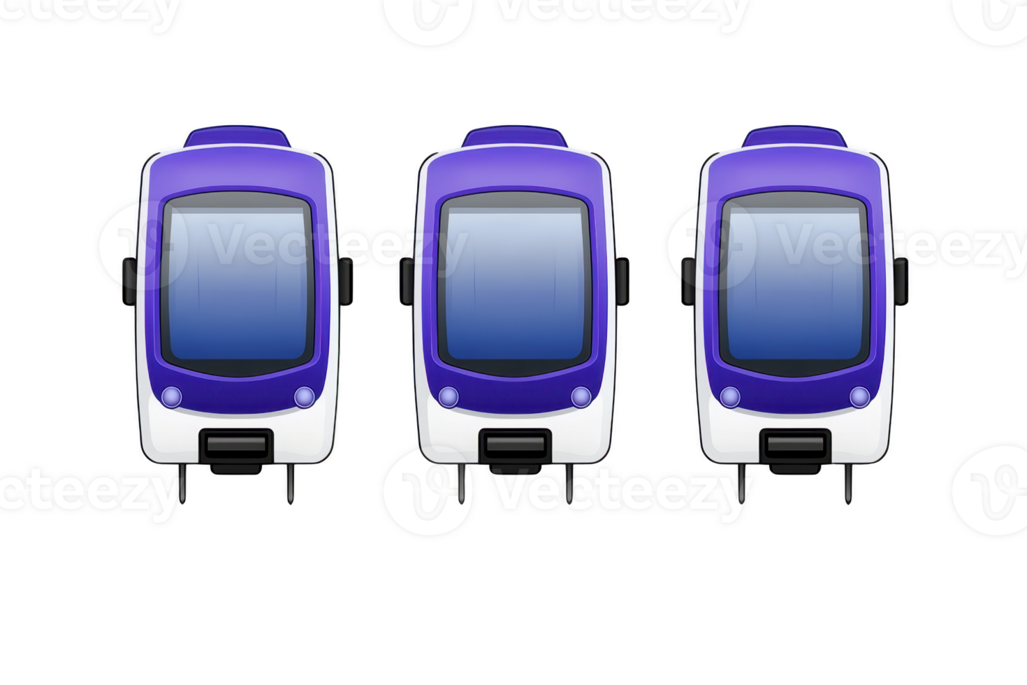 A Three modern blue and white train icons are displayed, each with sleek design and large windows, symbolizing transportation and travel. icons are isolated on transparency background png