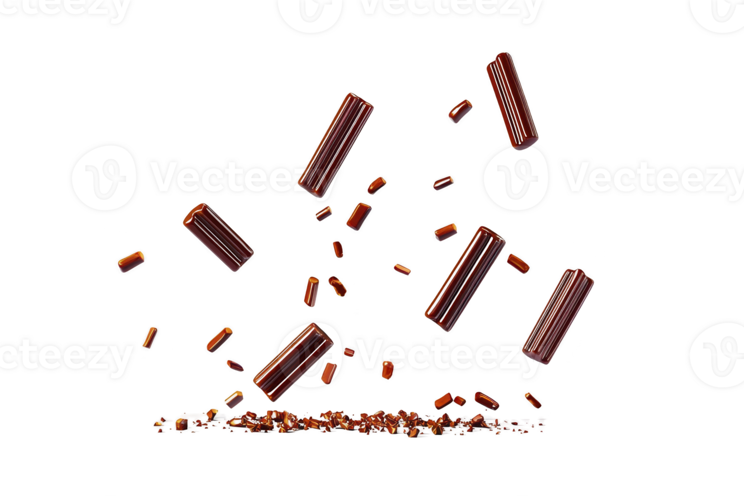 A Chocolate sticks and pieces are artistically scattered against transparency background, creating dynamic and appetizing visual. rich brown tones and varied shapes add depth and texture to png