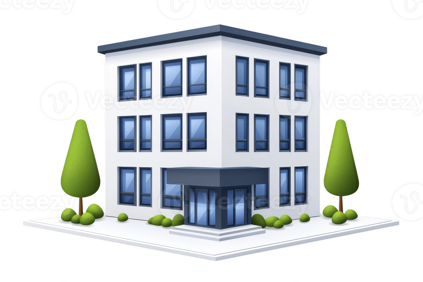 A modern, three story office building with large windows and sleek design is surrounded by neatly trimmed bushes and trees, creating professional and inviting atmosphere png