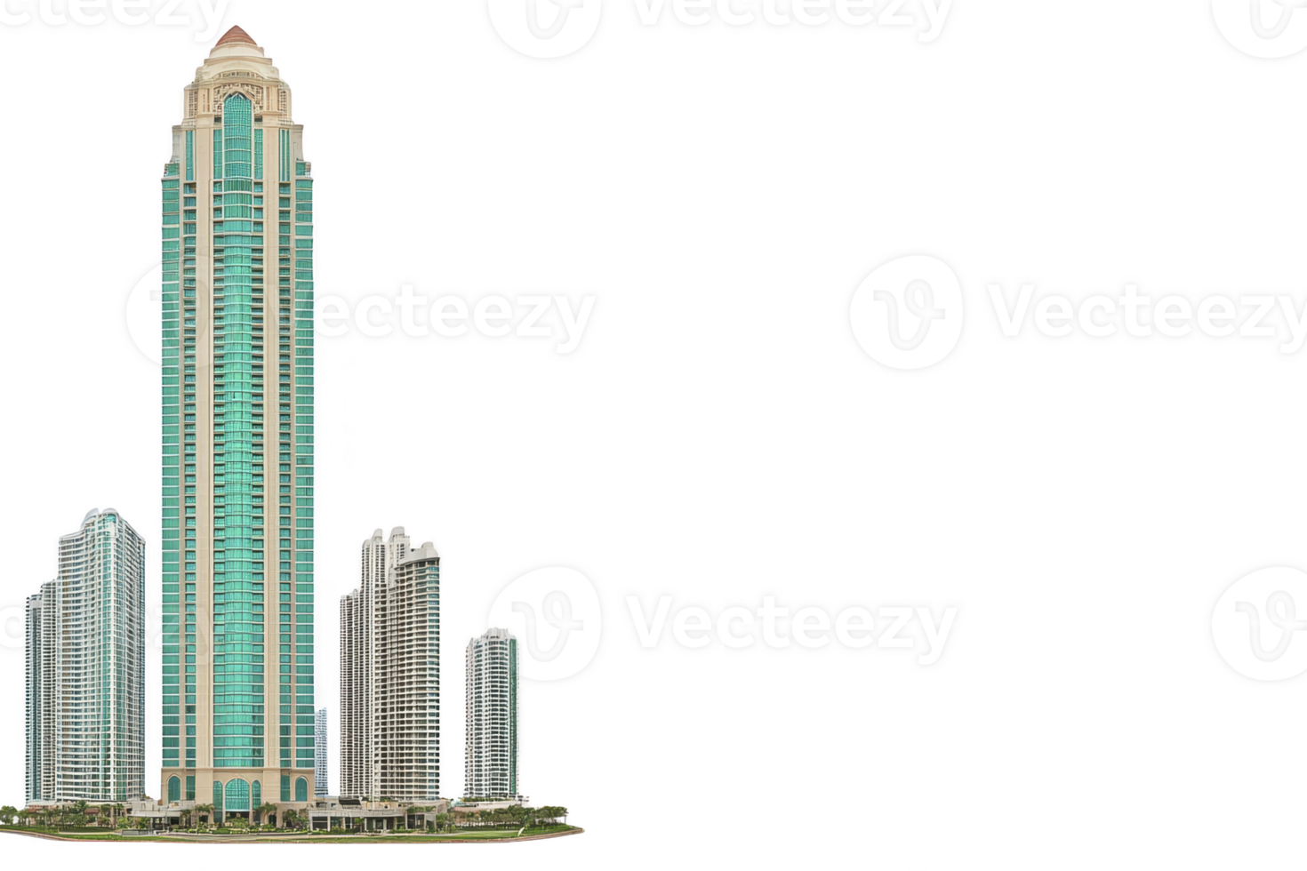 A tall, modern skyscraper with sleek design stands prominently against clear sky, surrounded by smaller buildings. structure features combination of glass and steel, reflecting contemporary png