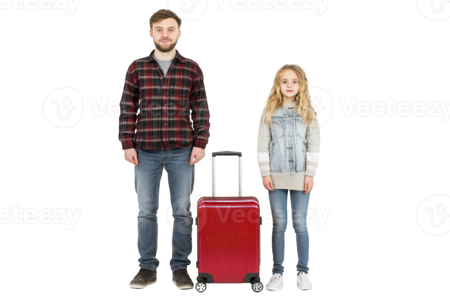 A Father and daughter standing with red suitcase, both wearing casual clothing. man is in plaid shirt and jeans, while girl is in denim jacket and jeans. They appear ready for travel png