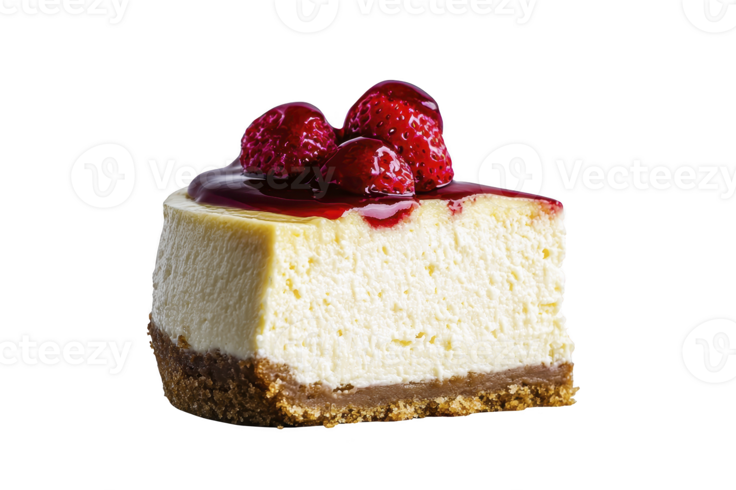A delicious slice of creamy cheesecake topped with vibrant strawberries and glossy strawberry sauce, set on crumbly graham cracker crust png