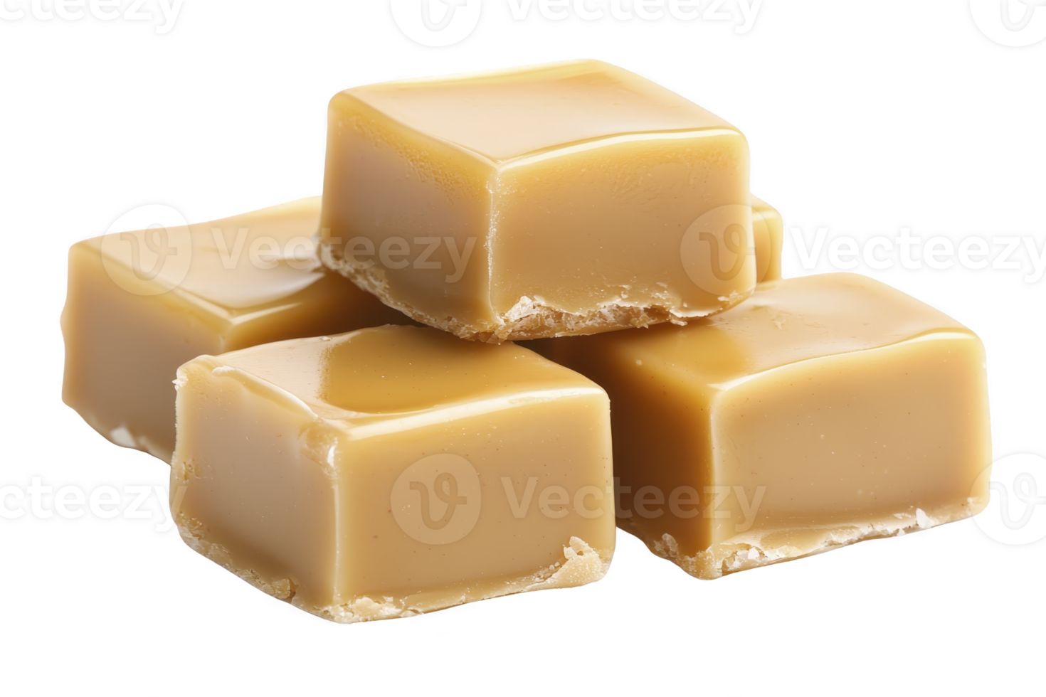 A Smooth and creamy caramel candies stacked in tempting arrangement, showcasing their rich golden brown color and glossy texture, perfect for sweet treat png