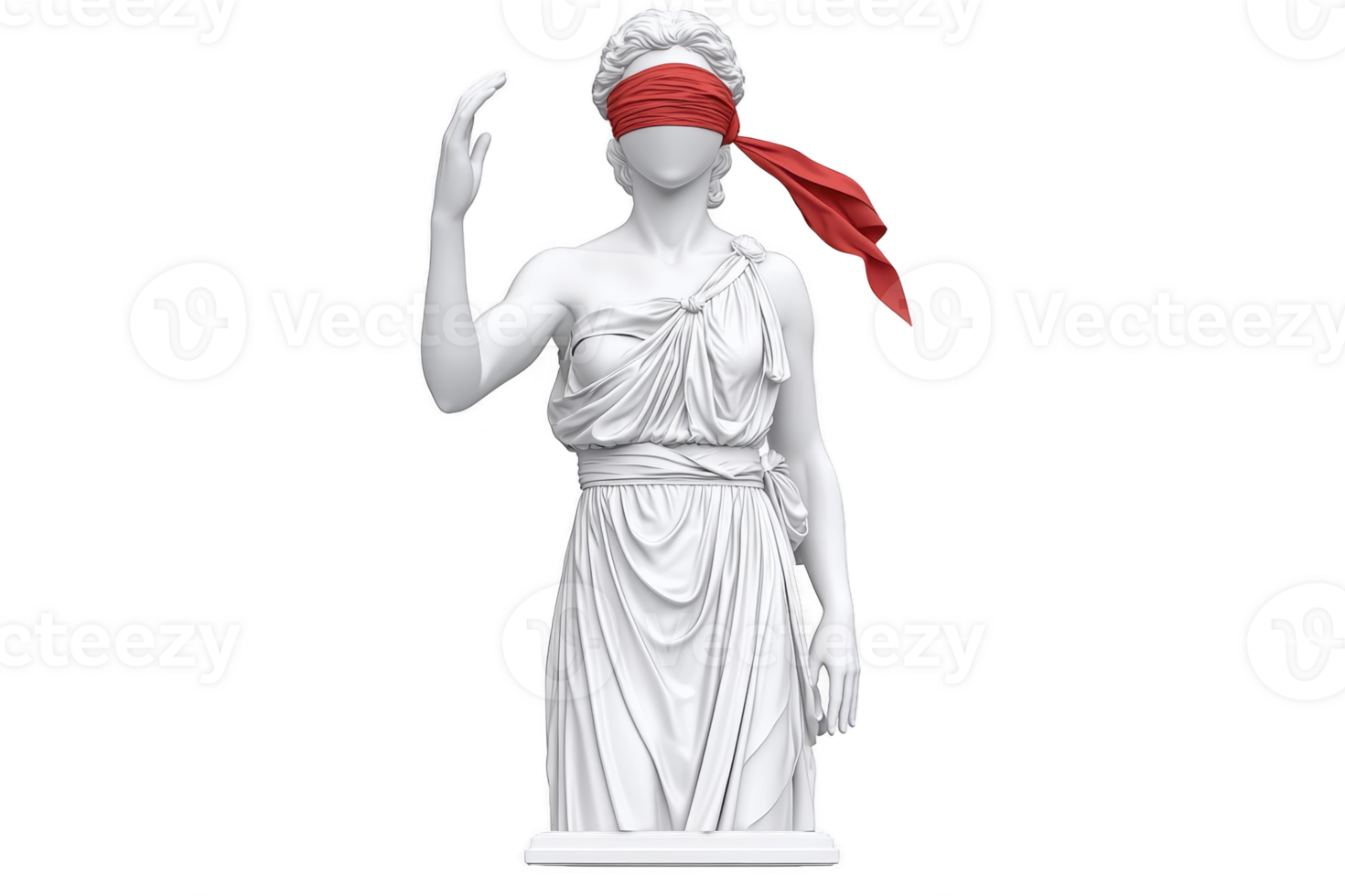 A classical statue of woman draped in flowing robes stands with red blindfold covering her eyes, symbolizing impartiality and justice. statue elegant pose conveys sense of grace and authority png