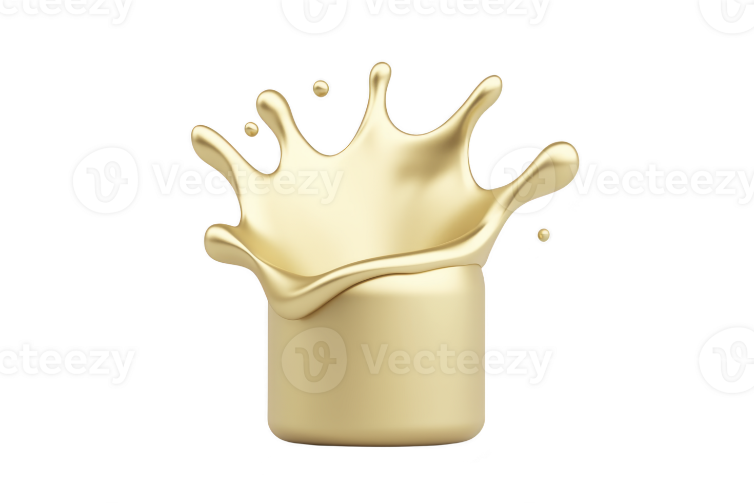A golden splash crown emerges from smooth, cylindrical base, creating dynamic and luxurious visual. metallic sheen and fluid form evoke elegance and motion png