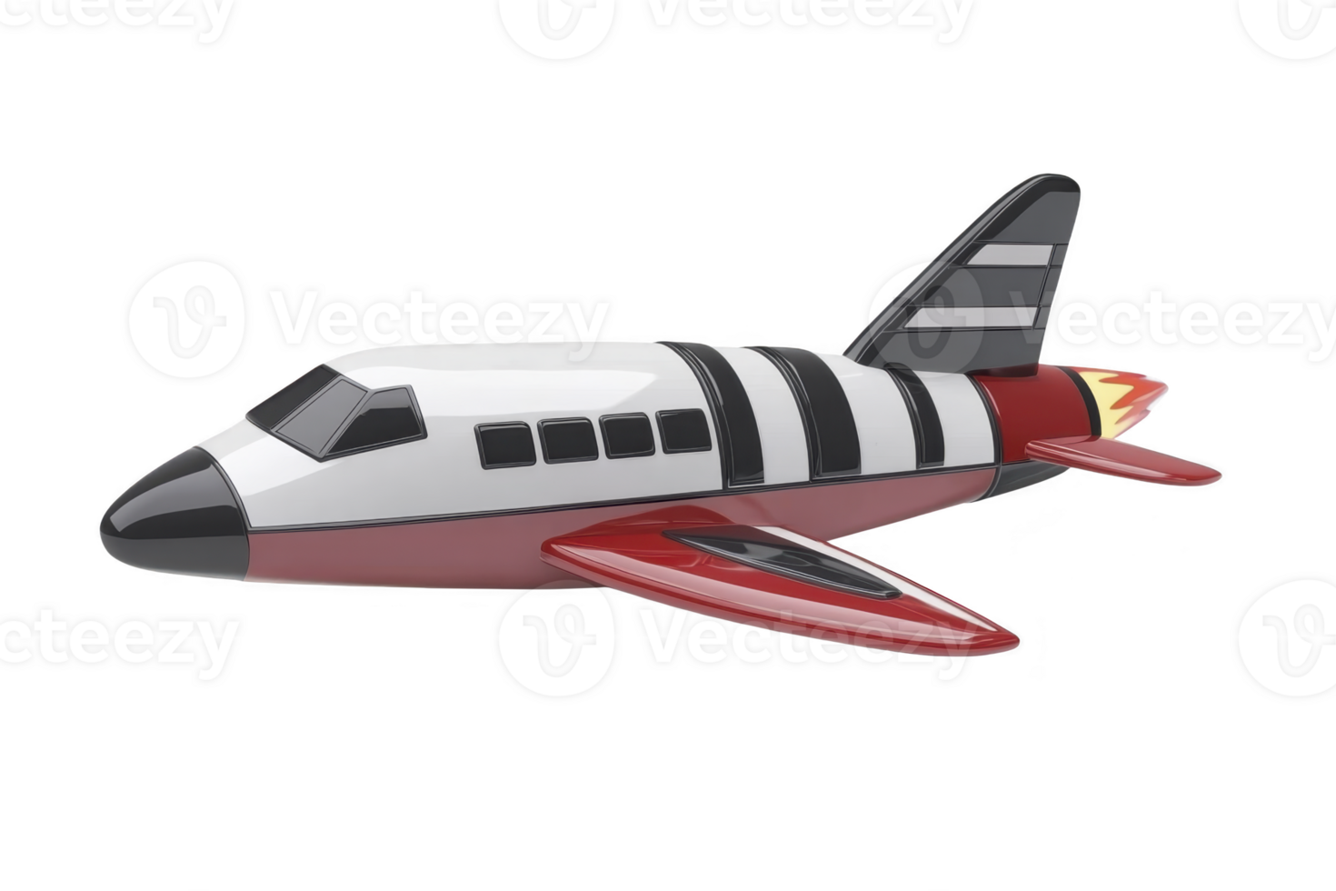 A cartoon style toy airplane with sleek design features red wings and striped black and white body, evoking playful and adventurous spirit png