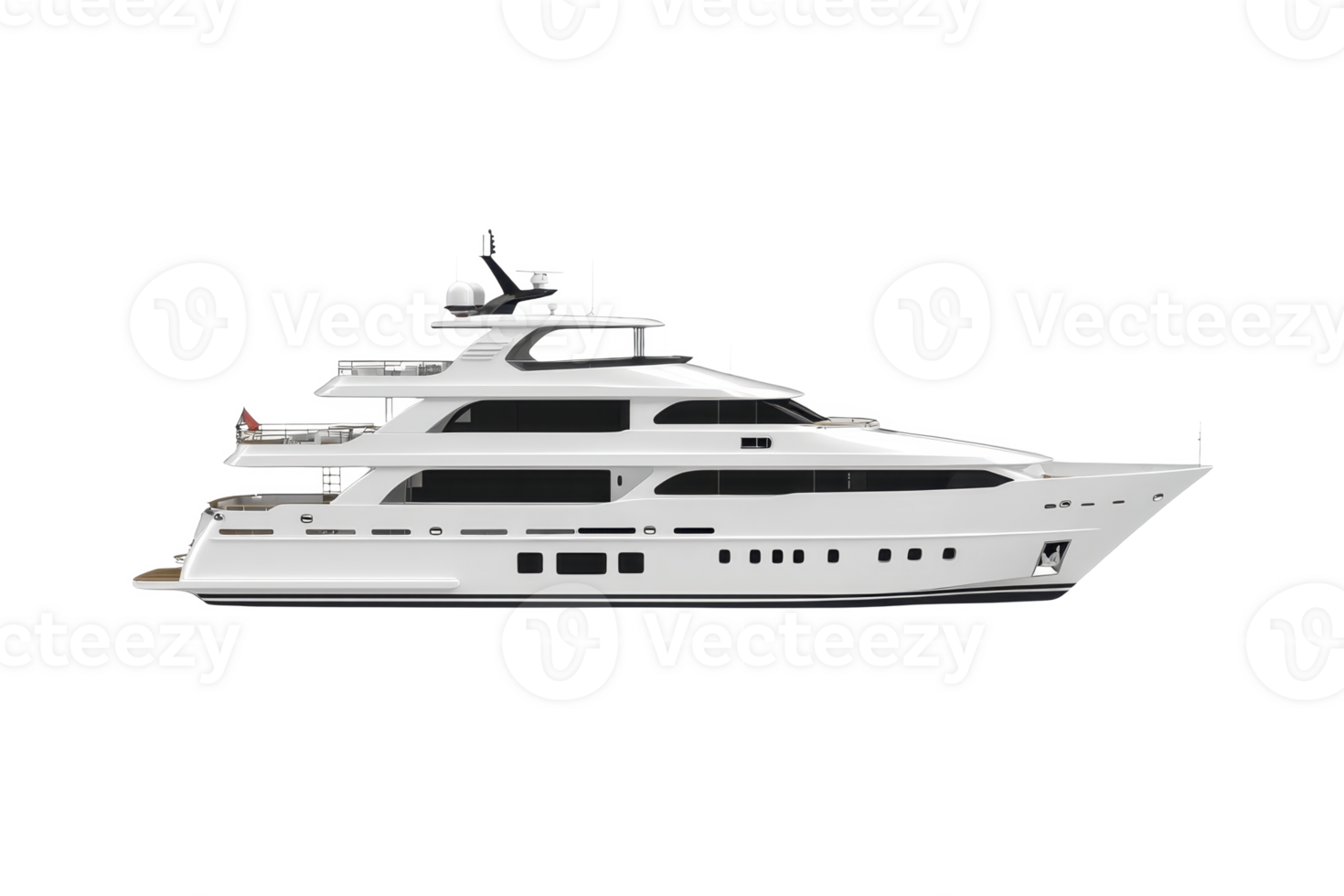 A luxurious white yacht with multiple decks is shown in side view, highlighting its sleek design and modern features. yacht is equipped with various amenities for comfort and leisure png