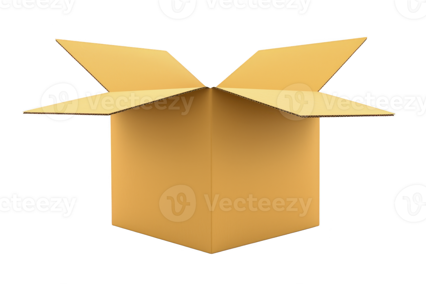 An open cardboard box with flaps extended, showcasing its spacious interior. box is made of brown corrugated material, commonly used for shipping and storage png