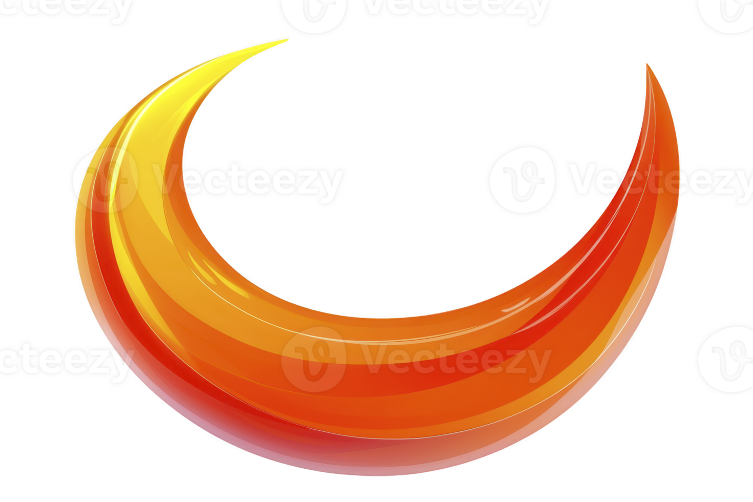 A vibrant, abstract crescent shape with gradient of yellow, orange, and red hues, creating dynamic and energetic visual. smooth curves and glossy finish add modern touch png