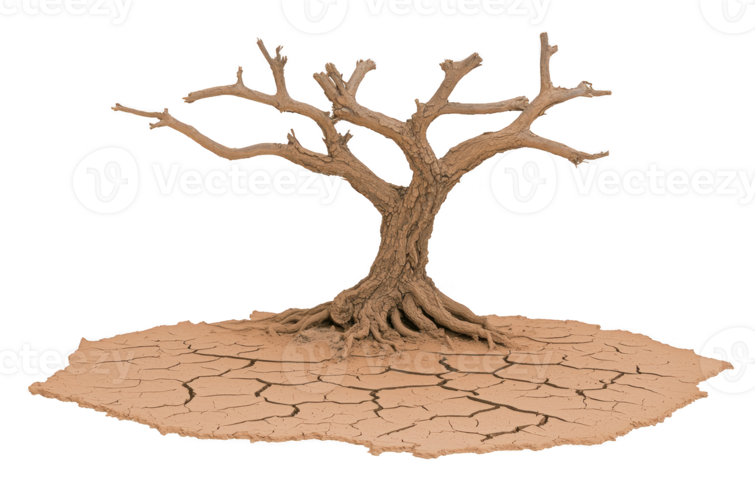 A solitary, barren tree stands on cracked, dry earth, symbolizing drought and environmental challenges. scene evokes sense of desolation and impact of climate change png