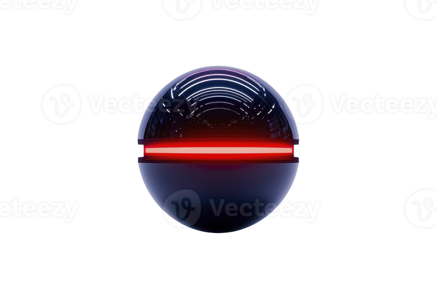 A futuristic, glossy sphere with red horizontal light glows against transparency background, evoking sense of modern technology and innovation. reflective surface adds depth and intrigue png