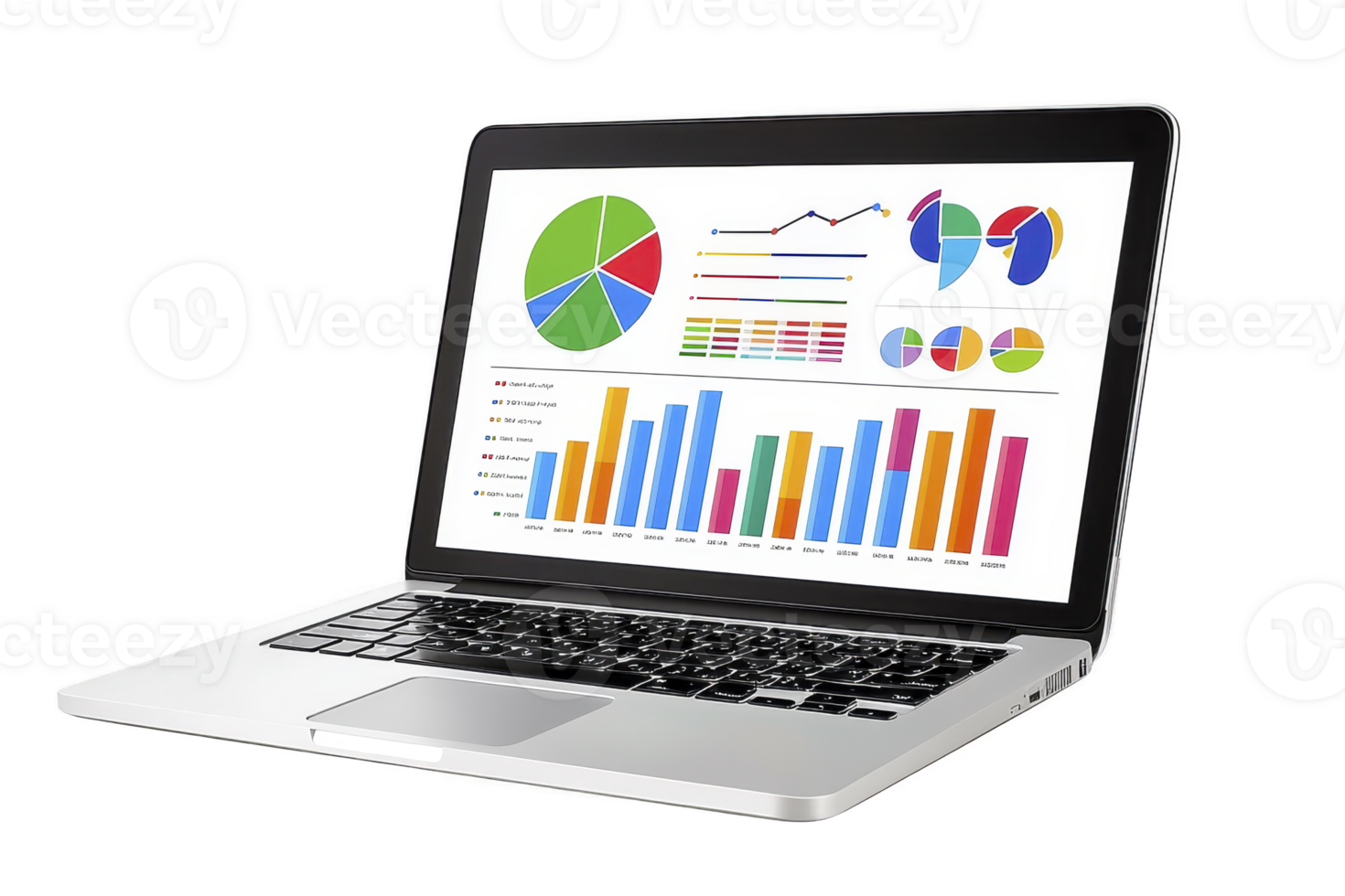 A laptop displaying colorful charts and graphs its screen, including pie charts, bar graphs, and line graphs, represents data analysis and business analytics. image conveys sense of technology png