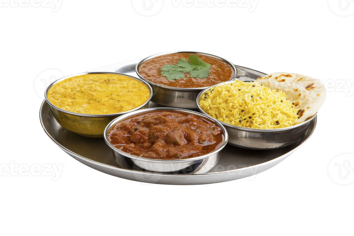 A traditional Indian thali featuring variety of dishes including dal, curry, rice, and naan, served stainless steel bowls round tray. vibrant colors and rich textures evoke sense of warmth png