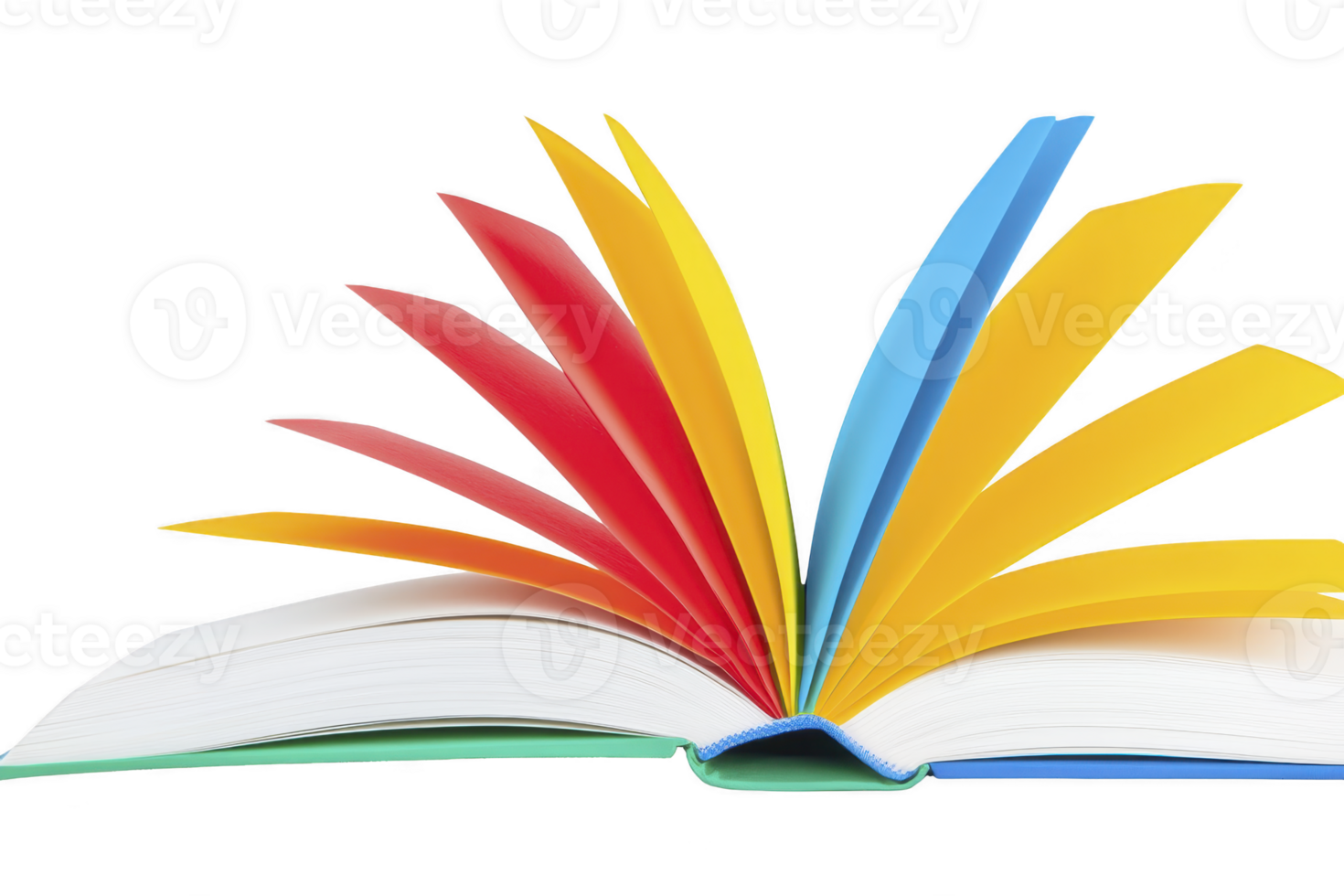 An open book with colorful pages fanned out, showcasing vibrant red, yellow, and blue hues, creating dynamic and artistic display. book spine is visible, adding structure to composition png