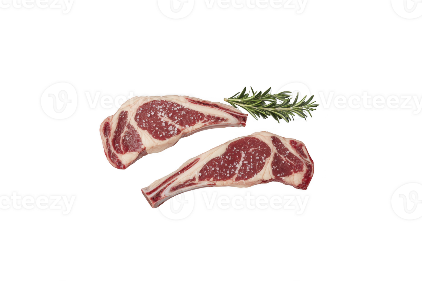 A Two raw marbled lamb chops with sprig of rosemary on transparency background, showcasing fresh and high quality meat. marbling indicates tenderness and flavor, ideal for grilling png