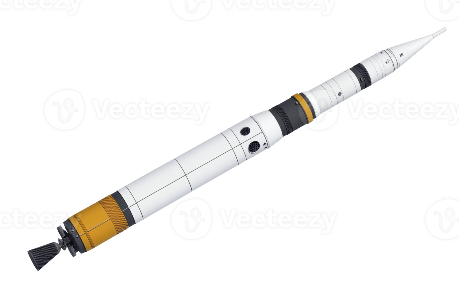 A detailed illustration of space rocket with multiple stages, showcasing its sleek design and engineering. rocket features distinct sections with varying colors, including white, black png
