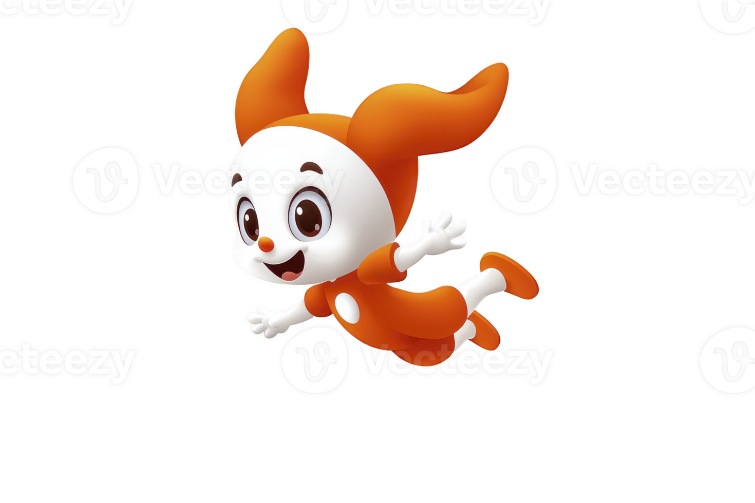 A cheerful cartoon character with large orange ears and matching outfit is joyfully flying through air, showcasing playful and adventurous spirit png