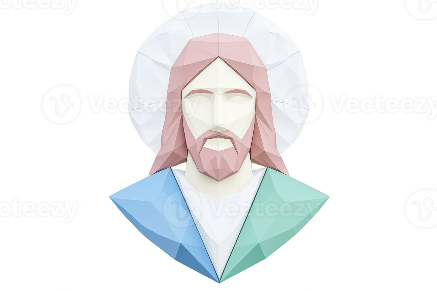 A geometric, low poly illustration of serene figure with halo, featuring pastel colors and minimalist design. artwork conveys sense of peace and simplicity png