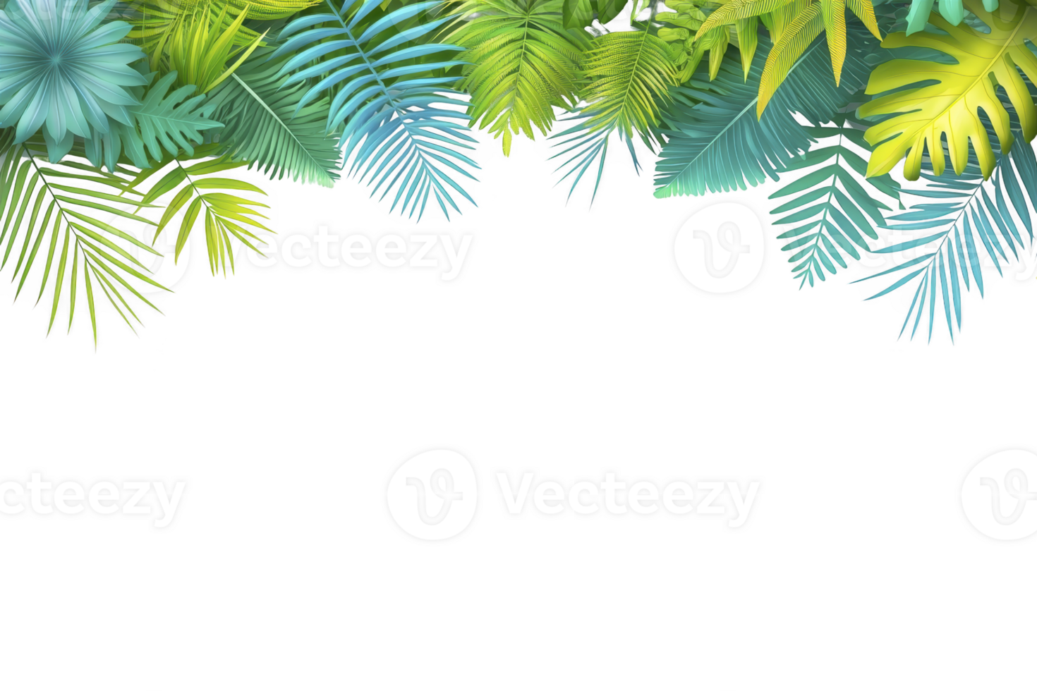 A vibrant arrangement of tropical leaves various shades of green and blue creates lively border against transparency background. lush foliage includes palm and monstera leaves, adding fresh png