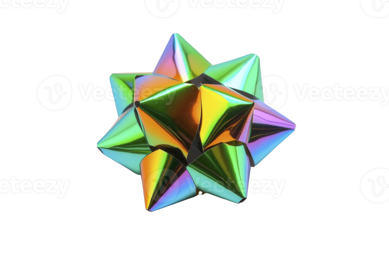 A shiny, iridescent gift bow with star shape, reflecting vibrant colors, perfect for adding festive touch to presents. metallic finish creates playful and eye catching effect png