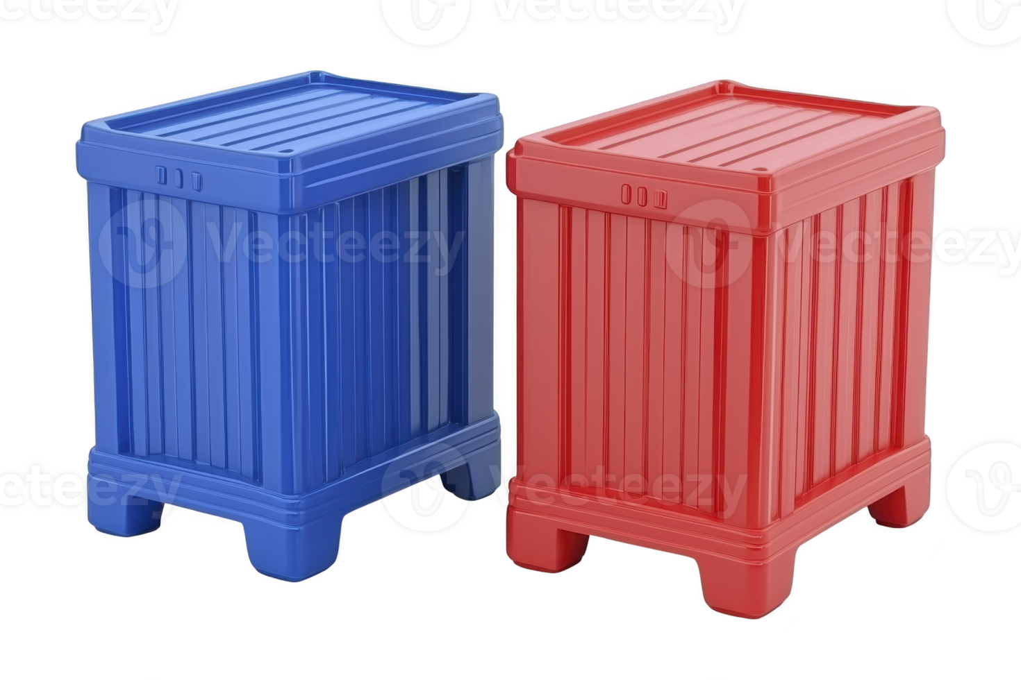 A Two colorful plastic storage bins, one blue and one red, stand side by side, showcasing their sturdy design and ribbed texture. These versatile containers are ideal for organizing spaces png
