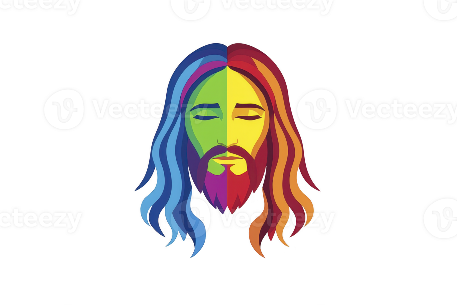 A colorful, abstract illustration of serene face with long hair, divided into vibrant sections of blue, green, yellow, and red, creating harmonious and artistic expression png