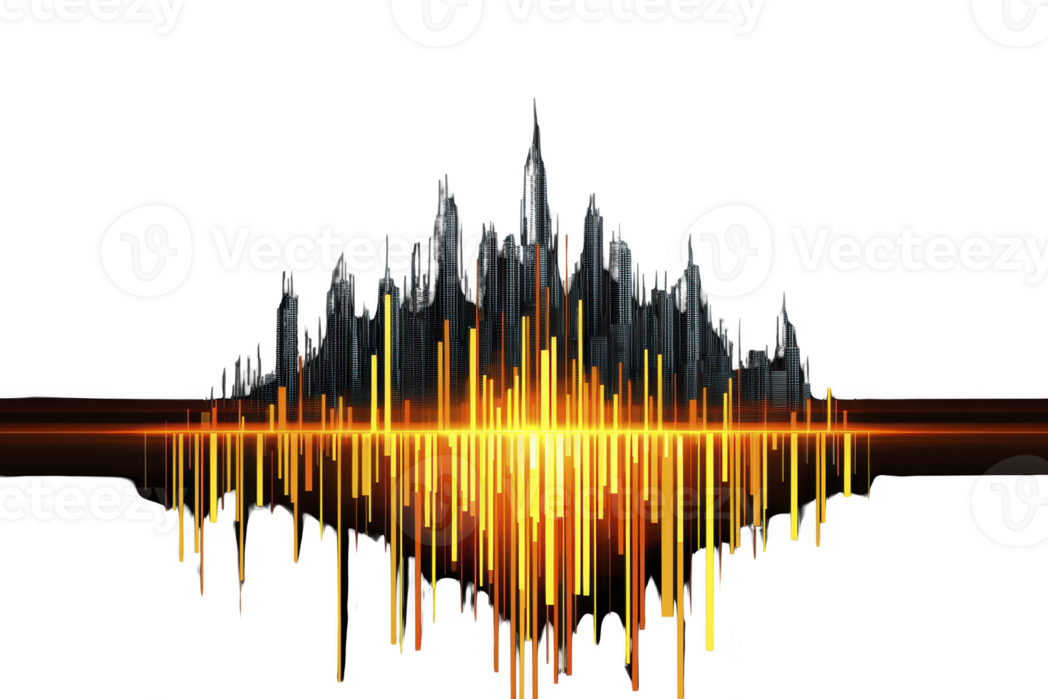 A futuristic city skyline is creatively depicted with soundwave elements, blending urban architecture with vibrant audio waveforms in shades of orange and yellow, evoking sense of dynamic energy png