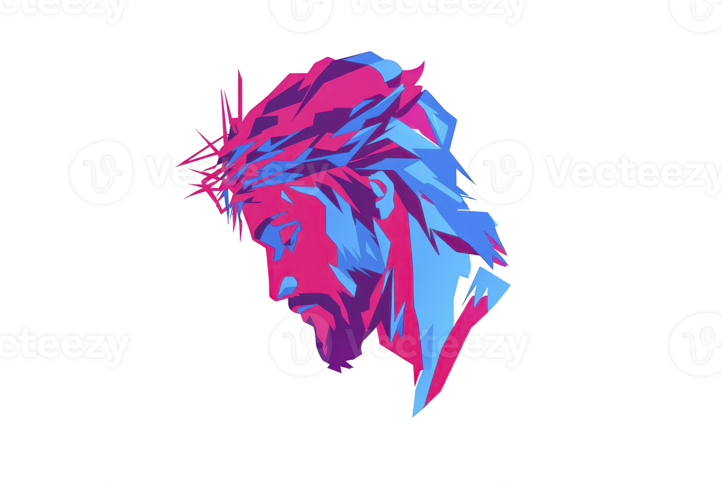 A vibrant, abstract illustration of solemn figure with crown of thorns, using bold pink and blue geometric shapes to create striking visual effect png