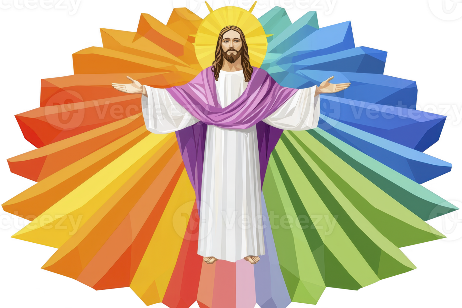 A serene depiction of religious figure with outstretched arms, wearing white robe and purple sash, is set against vibrant, multicolored geometric background. image conveys sense of peace png