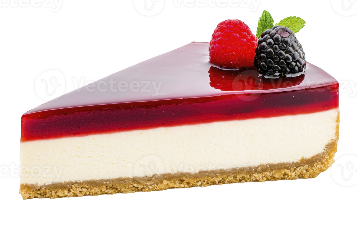 A slice of delicious cheesecake topped with glossy red berry glaze, garnished with fresh raspberries, blackberries, and mint leaves, sits on crumbly biscuit base png