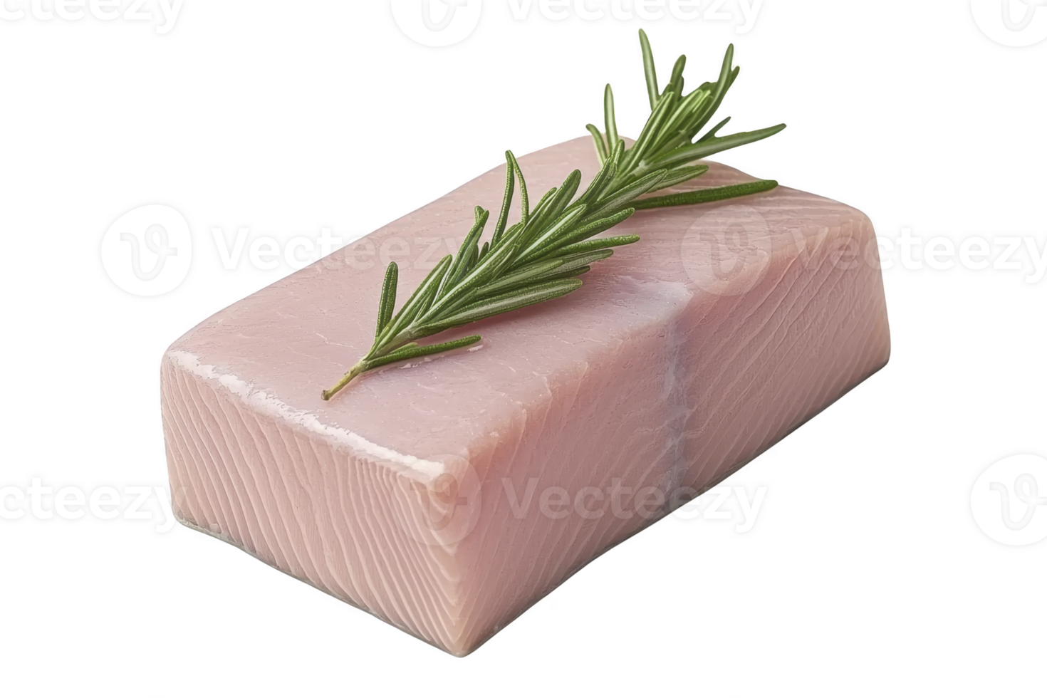 A fresh, raw tuna steak is garnished with sprig of rosemary, showcasing its smooth texture and pink hue. image highlights simplicity and elegance of seafood png
