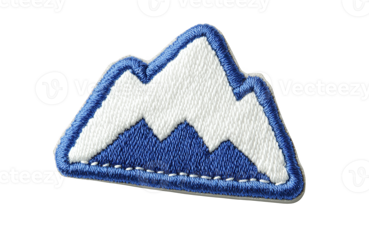 A blue and white embroidered patch features stylized mountain design, evoking sense of adventure and exploration. patch is outlined in blue, adding contrast and definition png