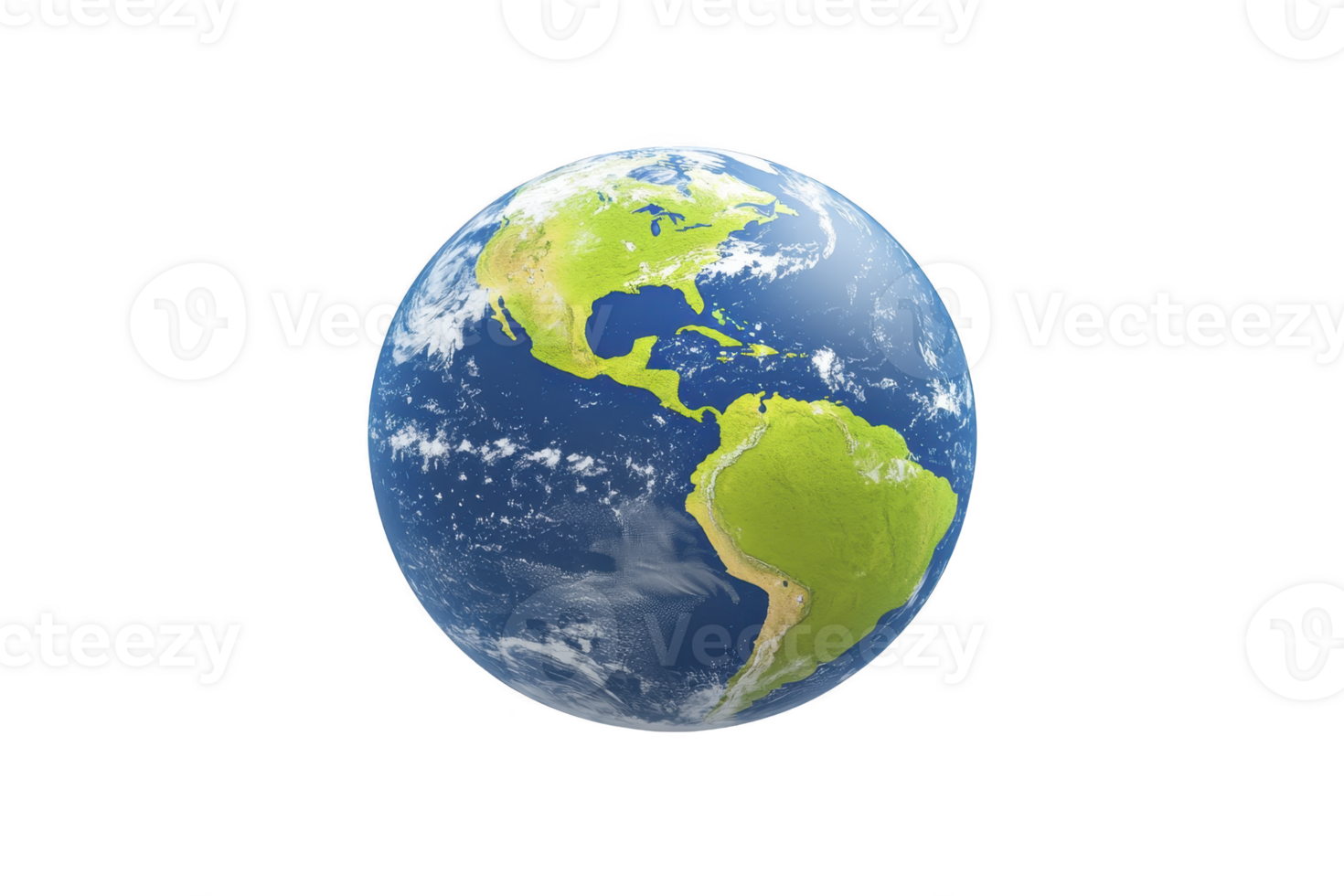A This shows realistic depiction of Earth from space, highlighting continents of North and South America with visible cloud formations over oceans. vibrant blue of oceans contrasts with green png