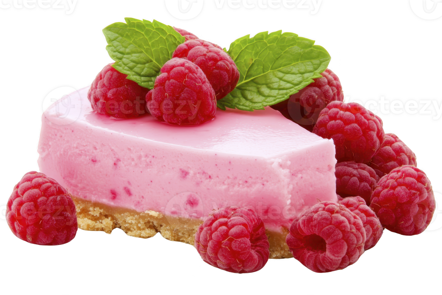 A delicious slice of raspberry cheesecake topped with fresh raspberries and mint leaves, set on crumbly biscuit base, creating vibrant and appetizing dessert png