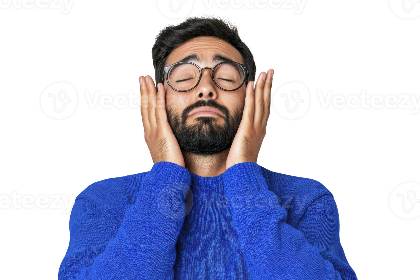 A man with beard and glasses wearing blue sweater is holding his face with both hands, expressing thoughtful or stressed emotion. background is plain, emphasizing his expression png