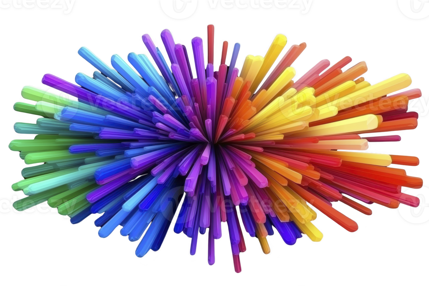 A vibrant explosion of colorful 3D spikes radiates outward, creating dynamic and energetic visual effect. spectrum of colors includes red, blue, green, yellow, and purple, forming captivating png