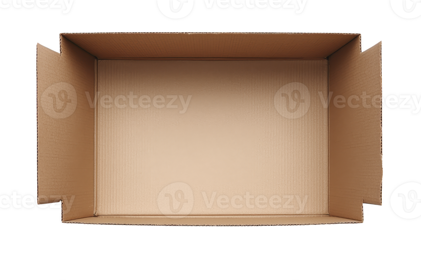 An open, empty cardboard box viewed from above, showcasing its corrugated texture and brown color, ideal for packaging or storage purposes png