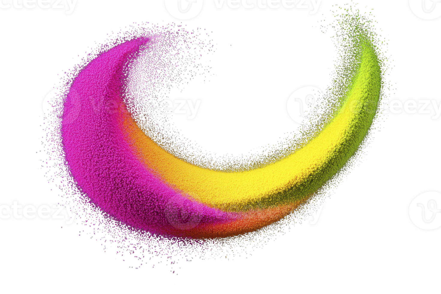 A vibrant swirl of colorful particles creates dynamic and energetic abstract design, featuring bright pink, yellow, and green hues on transparency background png