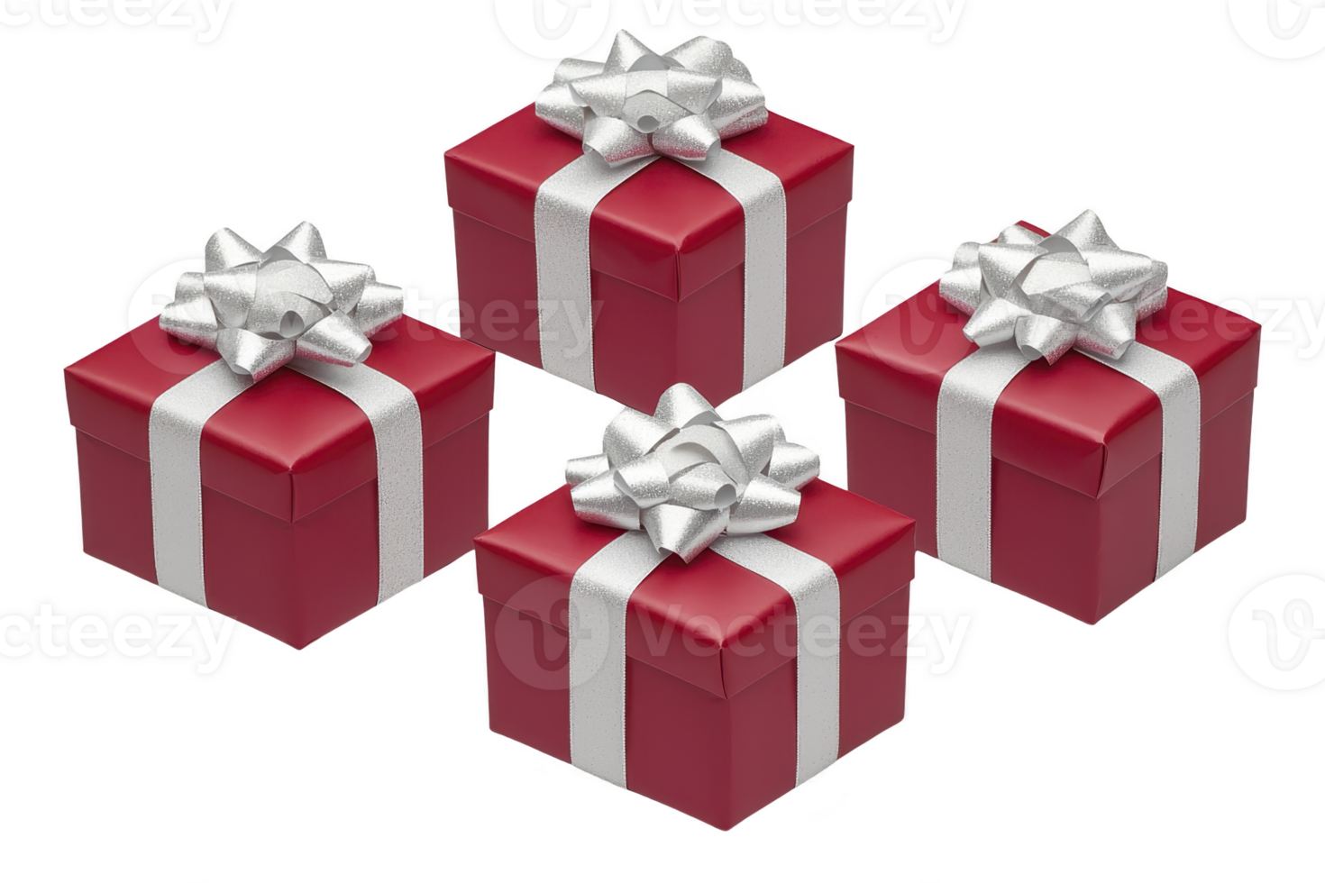 A Four red gift boxes with shiny silver ribbons and bows are arranged in festive display, perfect for celebrations and special occasions. vibrant red and metallic accents create joyful atmosphere png