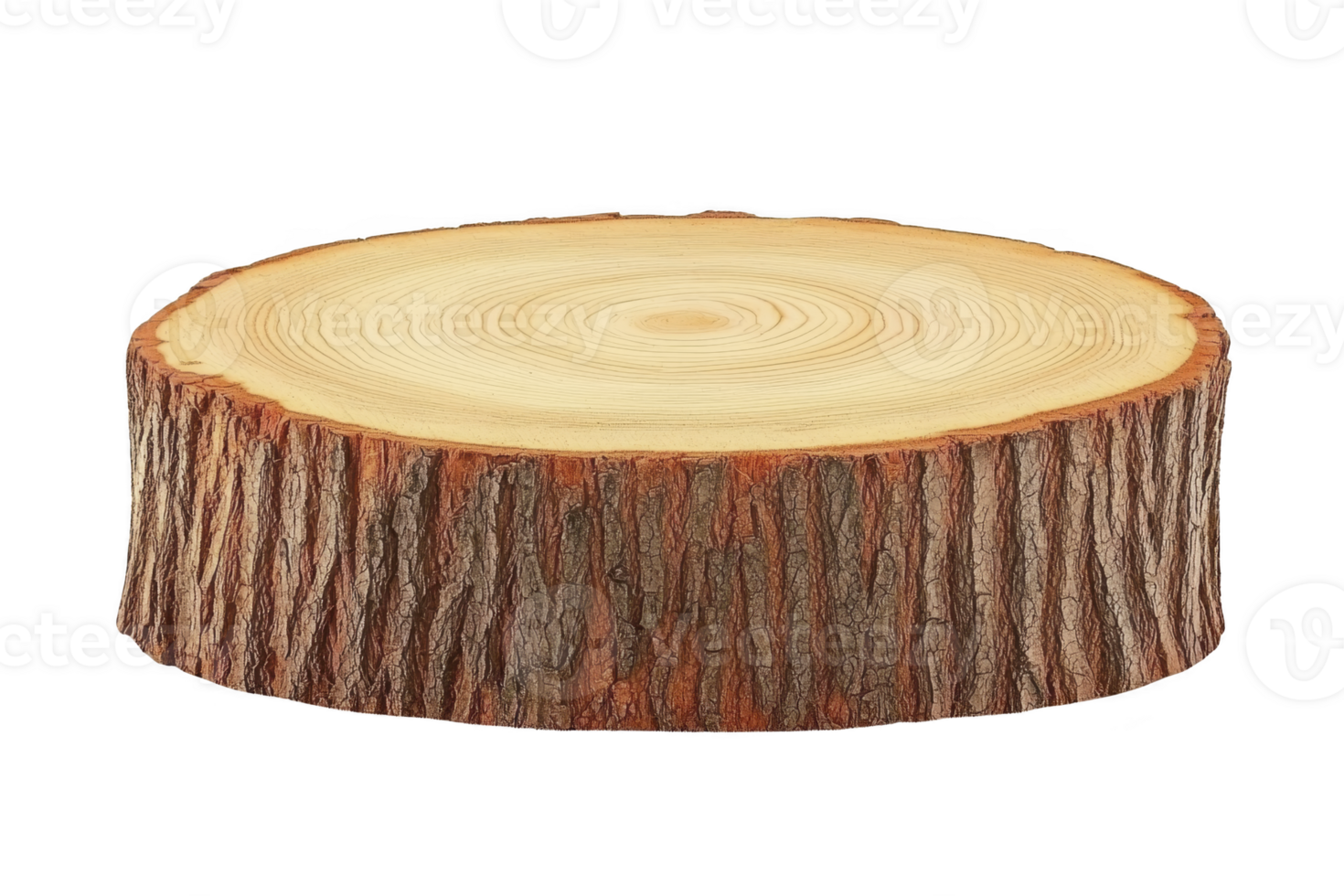 A wooden tree stump slice with visible growth rings and textured bark, showcasing natural wood patterns. This piece can be used for rustic decor or as unique display stand png