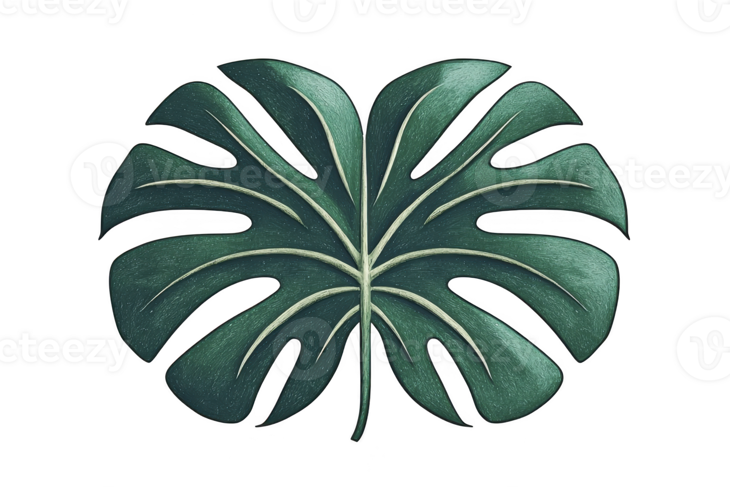 A single Monstera leaf with deep green color and distinctive split patterns is displayed against transparency background, showcasing its natural beauty and intricate design png