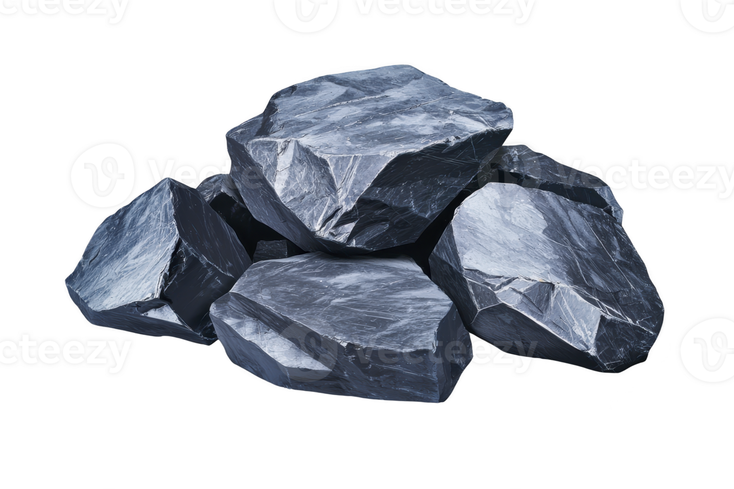 A pile of smooth, dark gray rocks with sharp edges and metallic sheen, often used in construction or landscaping, isolated on transparency background png
